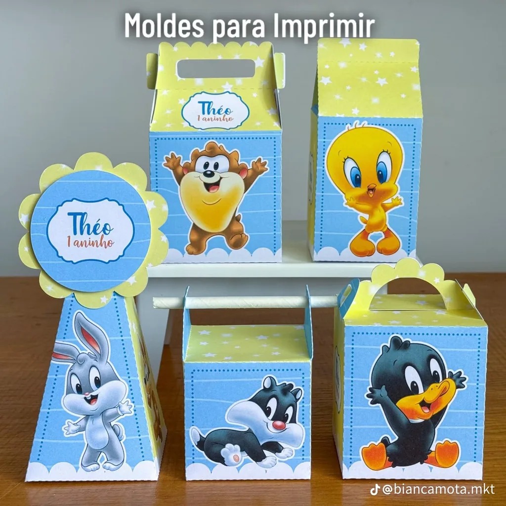 Caixas e lembrancinhas personalizadas em azul e amarelo prontas para imprimir