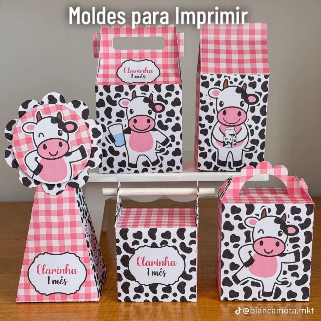 Conjunto de caixas personalizadas em rosa com tema de vaquinha